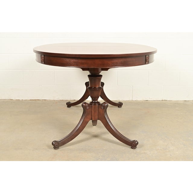 Baker Furniture Style Regency Mahogany Double Pedestal Extension Dining Table, Newly Refinished For Sale - Image 13 of 14