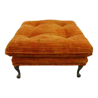 Mid-Century Modern Tufted Orange Footstool With Brass Accents For Sale