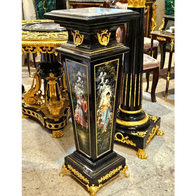 Traditional French Empire Black Pedestal With Marble Top, Hand-Painted Floral Panels, Gold Leaf & Bronze Ormolu For Sale - Image 3 of 3