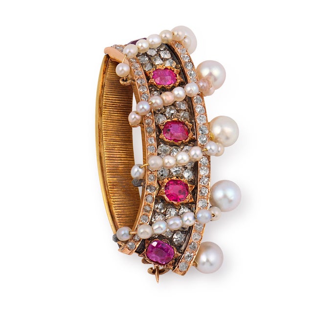 19th Century 19th Century Victorian Ruby Diamond Pearl 18k Rose Gold Crown Brooch For Sale - Image 5 of 5
