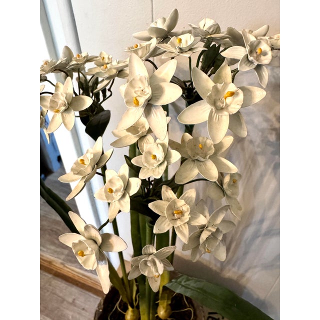 Mid-Century Modern Vintage Mid-Century White Tole Narcissus Floral Arrangement Botanical Paperwhites Sculpture Circa 1950s For Sale - Image 3 of 11