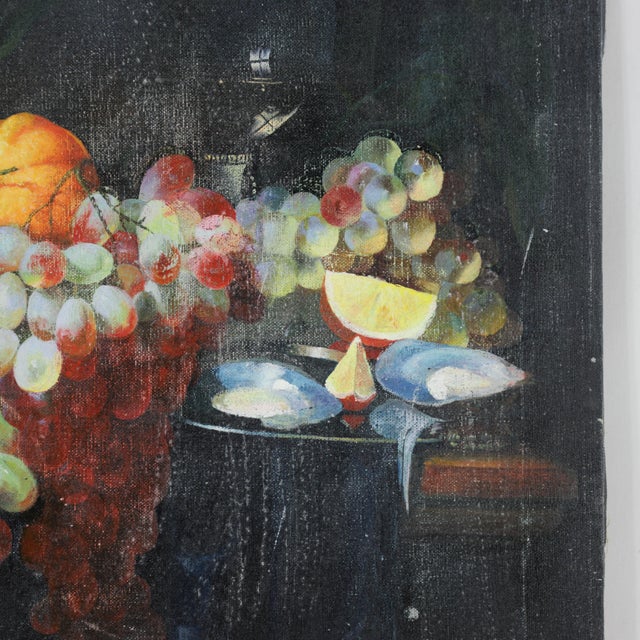 Traditional Vintage Dark Still Life Oil Painting of Grapes, Orange, and Shells For Sale - Image 3 of 12