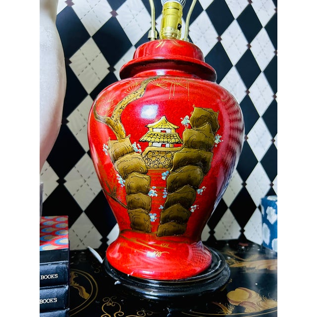 Chinoiserie 1980s Chinoiserie Red Lacquer Table Lamps Pair Large Chinese With Pagoda Shades For Sale - Image 3 of 10