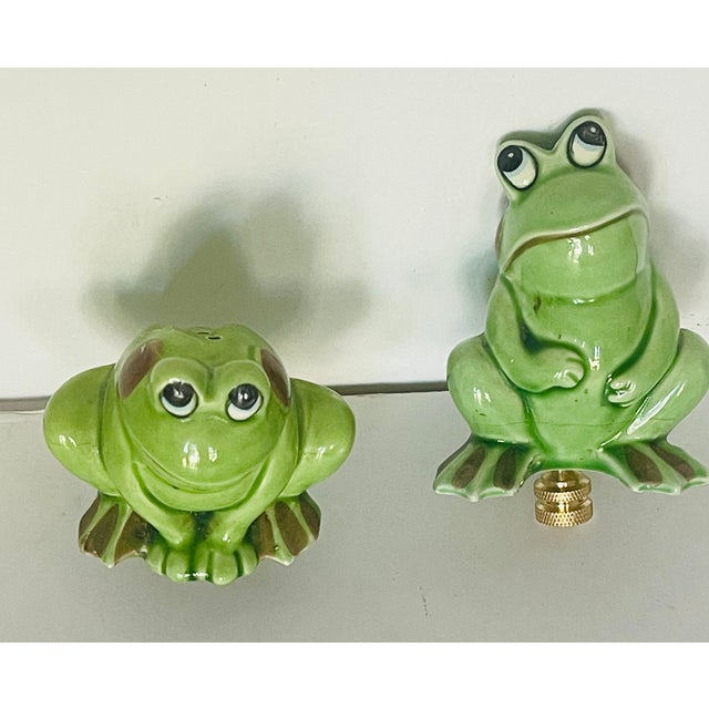 Cute pair of ceramic frog figurines on brass bases as lamp finials, 3” high, made of vintage Japanese salt pepper shakers.
