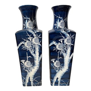 Vintage Takahashi of San Francisco Pair of Large Blue & White Square Vases Decorated With Pomegranate Trees. For Sale