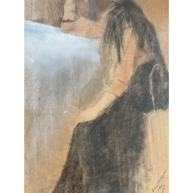Charcoal Vintage French Chalk Charcoal Painting - Signed and Professionally Matted and Framed For Sale - Image 8 of 12