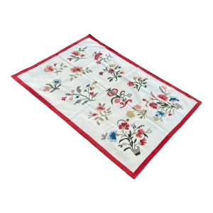 Handmade Cotton Flower Patterned Rug Cream With Blue Green Beige & Red Border -5'x7'