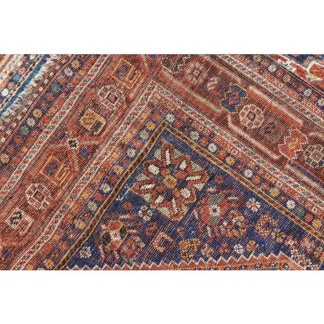 Antique Persian Shiraz Rug Tri-Medallion Geometrics in Rusty Orange and Blue** For Sale - Image 14 of 14