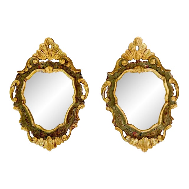 Pair Italian Venetian Painted Gilt Wood Wall Mirror, 1960s For Sale