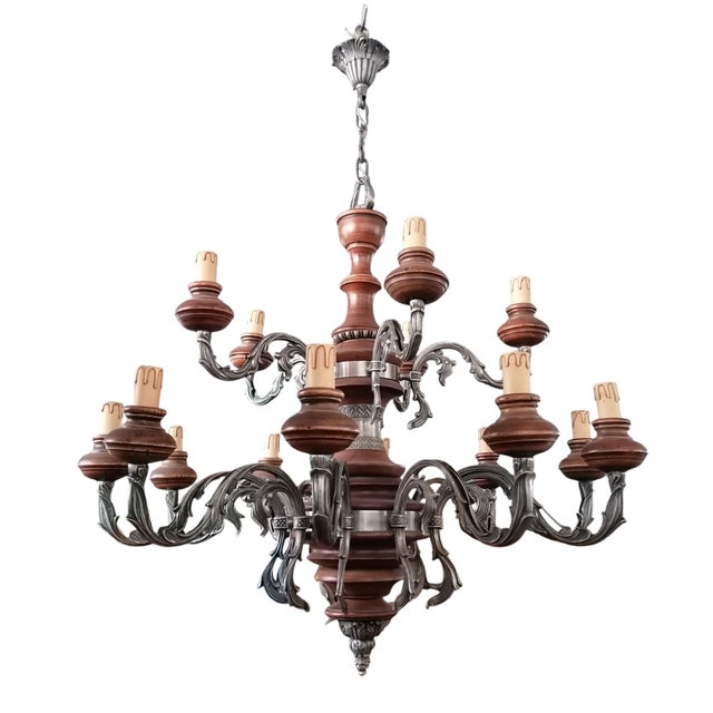 Baroque Style 15-Light Chandelier in Metal and Wood, 1950s For Sale - Image 9 of 9
