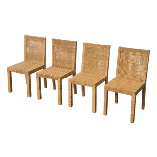 1970s Vintage Rattan Wrapped Dining Side Chairs, After Bielecky Bros, Set of 4 For Sale