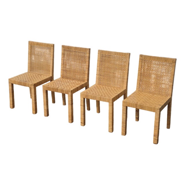 1970s Vintage Rattan Wrapped Dining Side Chairs, After Bielecky Bros, Set of 4 For Sale