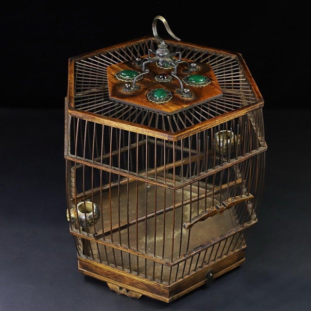 Chinese Vintage Chinese Huali Rosewood Hexagonal Bird Cage With Gemstone Inlays and Bronze Hook For Sale - Image 3 of 9