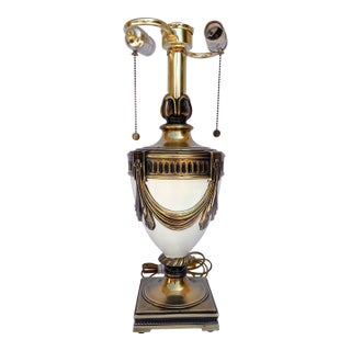 Vintage Hollywood Regency, Empire, Neoclassical Cream Enamel & Brass Urn Table Lamp For Sale