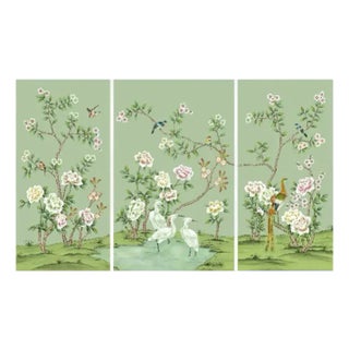 A Set of 3 Panels Hand-Painted Silk Chinoiserie Wallpaper, Aqua Green Silk Wallpaper, Set of 3 For Sale
