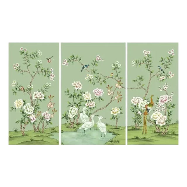 A Set of 3 Panels Hand-Painted Silk Chinoiserie Wallpaper, Aqua Green Silk Wallpaper, Set of 3 For Sale