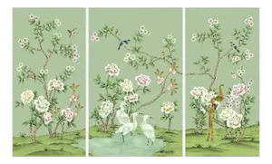A Set of 3 Panels Hand-Painted Silk Chinoiserie Wallpaper, Aqua Green Silk Wallpaper, Set of 3
