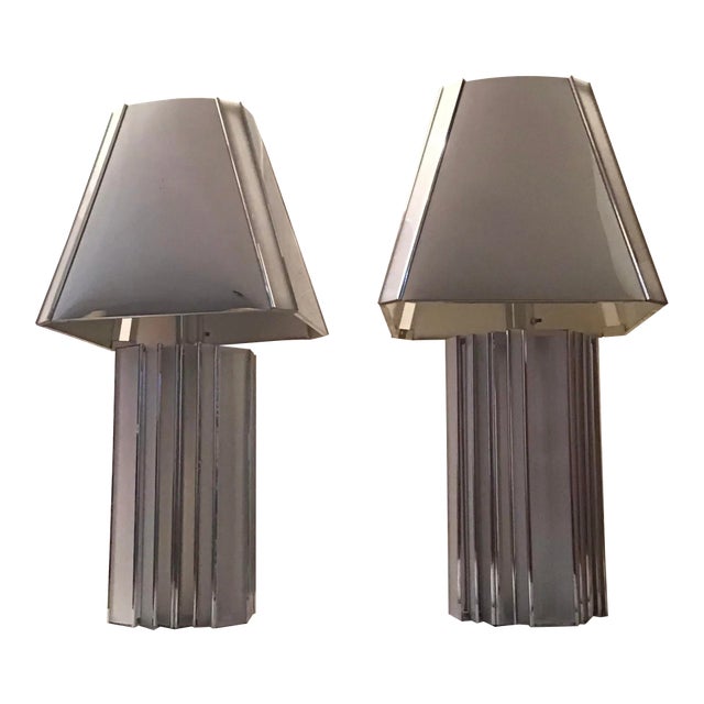 1970s Skyscraper Chrome Shade Chrome and Lucite Table Lamps by Chromalite - a Pair For Sale