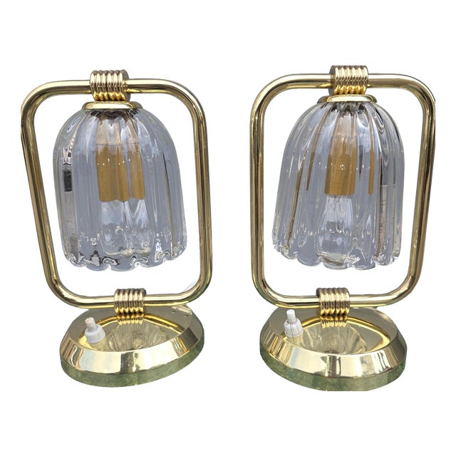 Art Deco Table Lamps in Brass and Murano Glass, 1930, Set of 2 For Sale