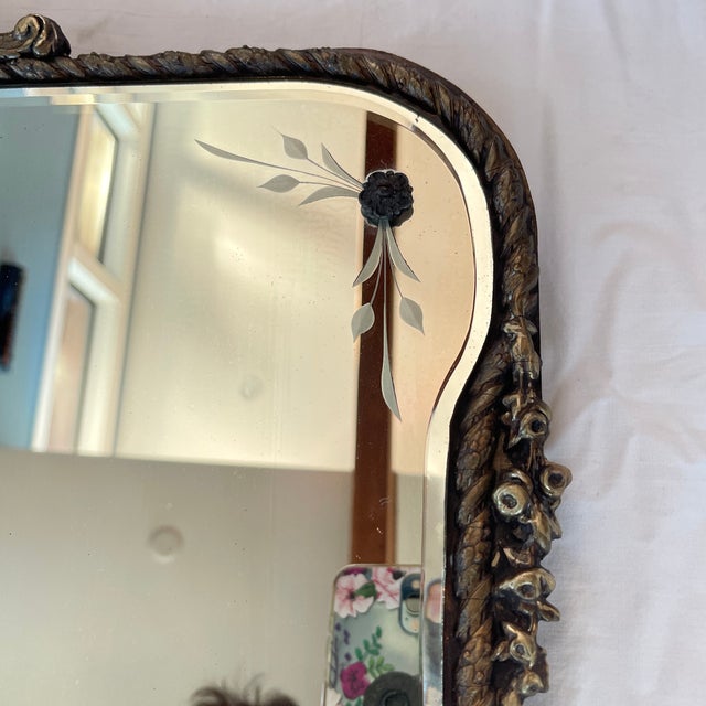 Gold 1920's Large Etched Beveled Giltwood and Gesso Mirror For Sale - Image 8 of 12