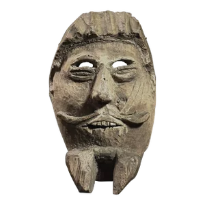 Antique Hand Carved Folk Art Mask of Man With Mustache