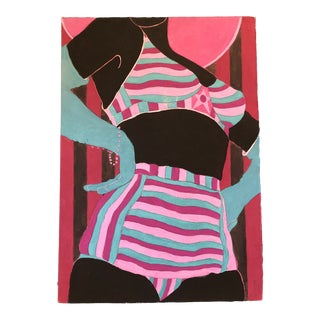Original Vintage Pop Art Female Swim Suit Figure Watercolor Painting Signed For Sale