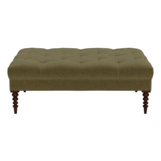 Bunny Williams Home Irving Ottoman in Moss Performance Velvet with Mahogany Legs For Sale