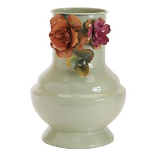 Floral Embossed Metal Vase 9.5"H For Sale