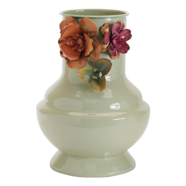 Floral Embossed Metal Vase 9.5"H For Sale
