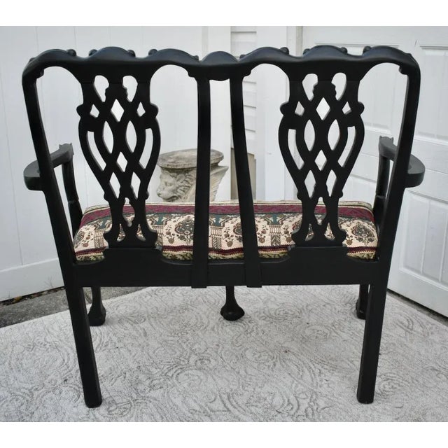 Vintage Chippendale Style Bench Settee Carved Fretwork Black Two Seater Chair For Sale - Image 13 of 13