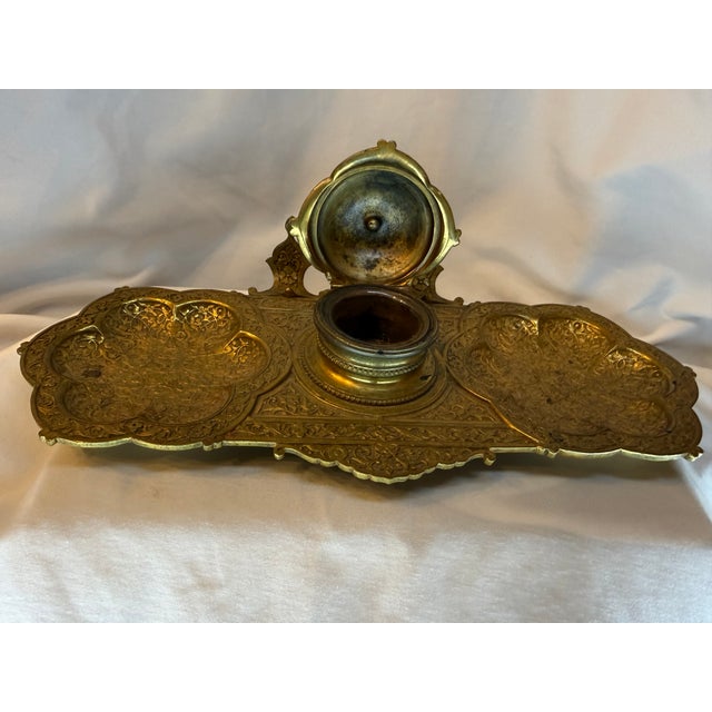 Rococo Antique Victorian Rococo Style Heavy Cast Brass Double Inkwell Desk Set With Pen Trays & Letter Slots - Signed R on Base For Sale - Image 3 of 4