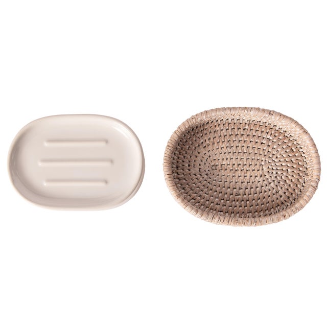 Artifacts Rattan Oval Soap Dish with Ceramic Insert, White WashA For Sale - Image 4 of 5