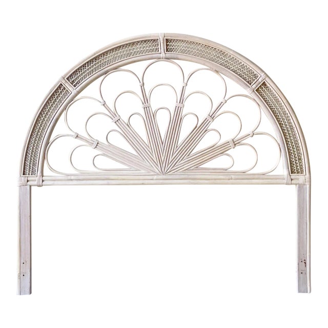 Boho Chic Bamboo Rattan White Washed Queen Headboard For Sale