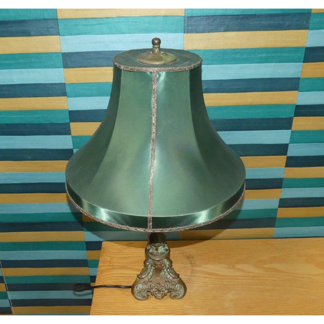 Vintage Table Lamp in Brass and Dark Green Satin Shade, 1920s For Sale - Image 10 of 13