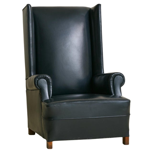 Vintage French Black Leather High-Back Club Chair with Wooden Legs - 2 Available For Sale - Image 9 of 18