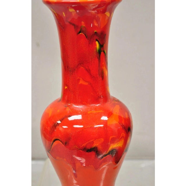 Ceramic Vintage Red Lava Drip Glazed Mid Century Modern Ceramic Pottery Vessel Vase Pair For Sale - Image 7 of 11