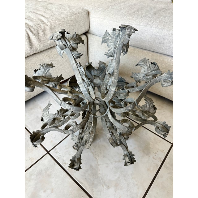 Vintage Patina Wrought Iron Tole Leaf 8 Candle Chandelier 30" Heavy French Style For Sale - Image 12 of 13