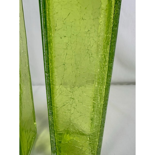 Art Glass MCM Vibrant Green Vintage Crackle Finish Rectangular 10" Vases-Pair! For Sale - Image 4 of 10