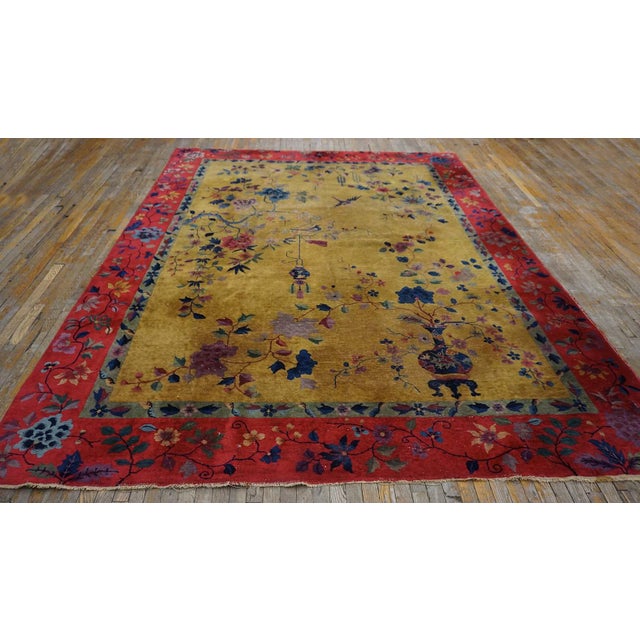 Textile 1920s Saffron Yellow Floral Antique Chinese Art Deco Rug 8' 9" X11' 2" Knotted Wool Carpet For Sale - Image 7 of 9