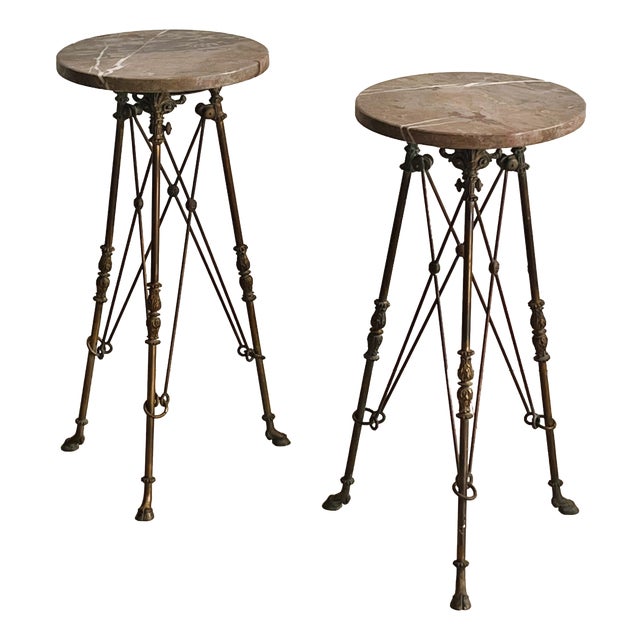3-Legged Side Tables in Bronze and Marble attributed to Maison Jansen, France, 1960s, Set of 2 For Sale