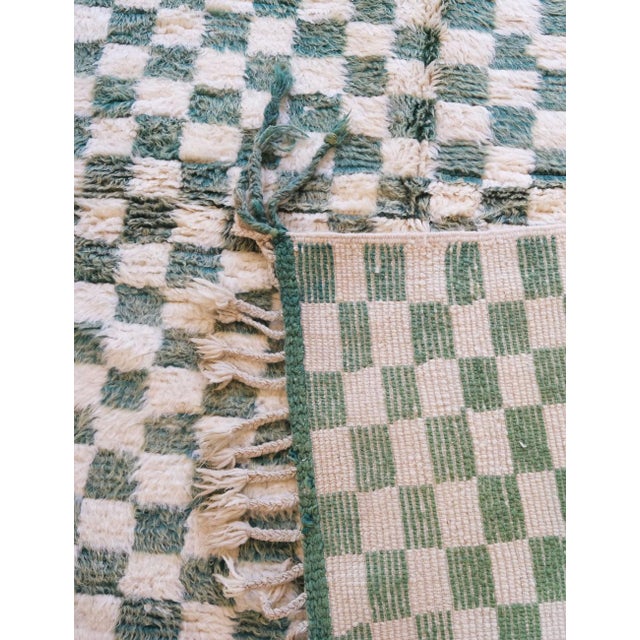 Mid-Century Modern Green Checkered Wool Rug - 7 X 6.3 Ft For Sale - Image 3 of 9