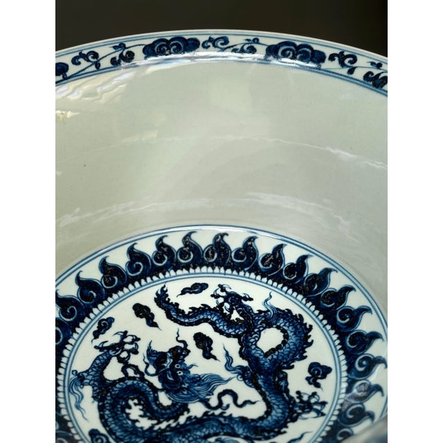 Ceramic Chinese Blue & White Dragon Porcelain Bowl With Xuande Mark – Qing/Republic Style For Sale - Image 7 of 12