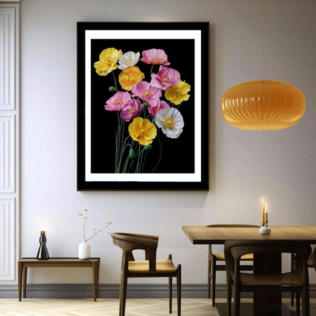 This photograph showcases a bouquet of delicate, vibrant poppies in various shades of white, red, yellow, and pink, set...