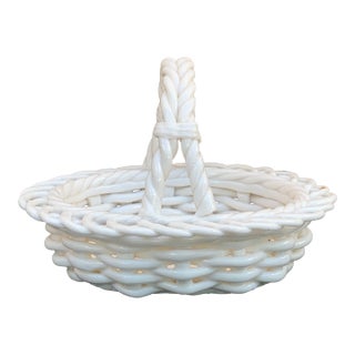 1980s French Country White Ceramic Trompe L’Oeil Woven Basket For Sale