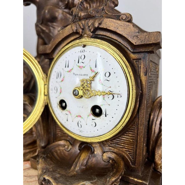 French Art Nouveau Style Bronze Mantel Clock Garniture For Sale - Image 9 of 16