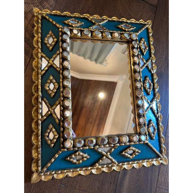 Spanish Folk Art Mirror with Mosaic Carved Gilt Wood Frame 30s 40s 15”x19” RARE