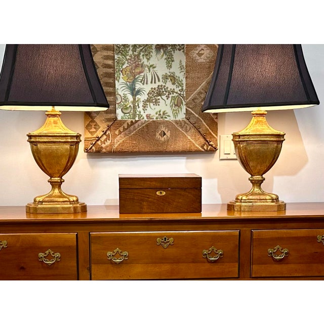 Gold Antiqued Gold Leaf Urn Form Table Lamps With Black Shades - a Pair For Sale - Image 8 of 10
