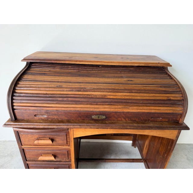 Antique Early 20th Century Solid Wood Roll Top Desk With Drawers & Interior Organizer For Sale - Image 11 of 11
