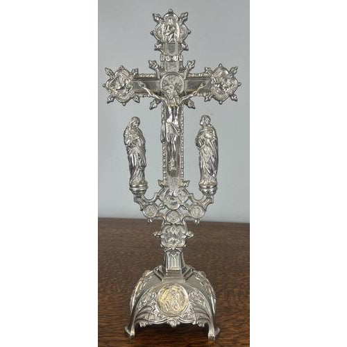 Vintage French Style Ornate Religious Altar Cross in Metal For Sale - Image 10 of 10