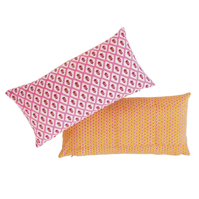 Indian Schumacher X Molly Mahon Buti & Tuk Tuk 20" Lumbar Pillow in Pink & Yellow For Sale - Image 3 of 5